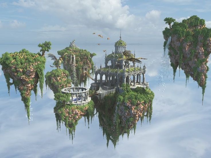 an island is floating in the air with trees and buildings on it's sides