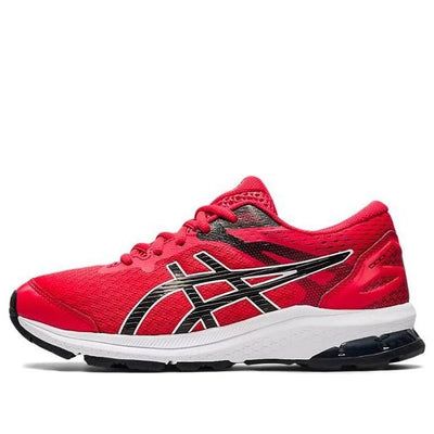 the asics running shoe is red and black