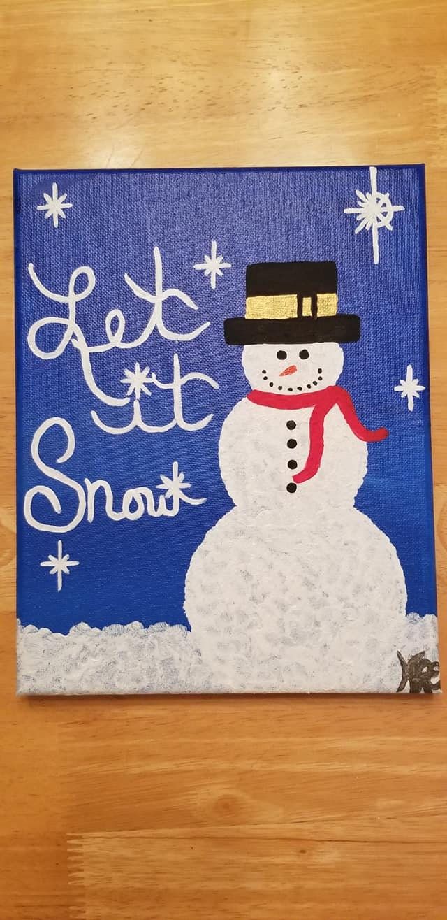 a snowman with a hat and scarf on it's head is sitting in front of a blue background that says let it snow