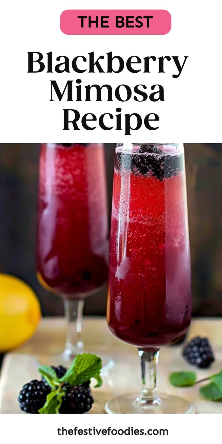 The Best Blackberry Mimosa Recipe with two glasses filled with layered red and dark purple mimosa, blackberries on top, against a blurry background with fresh ingredients. Mimosa Recipe Bar, Blackberry Mimosa Recipe, Mimosa Recipe With Prosecco, Cherry Mimosa Recipe, Sweet Mimosa Recipe, Make Ahead Mimosa Recipe, Easy Cute Cocktails, Blackberry Champagne Cocktail, Champagne Batch Cocktail