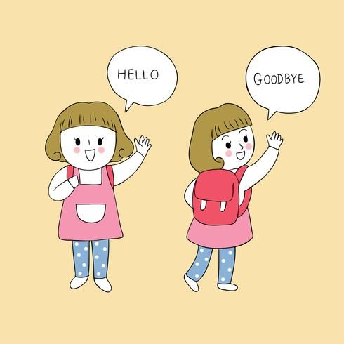 student girl say Hello and Goodbye Goodbye Pictures, Goodbye Images, Children Book Illustration Watercolor, Hello Cartoon, Hello Pictures, Manners Books, How To Say Hello, Hello Cute, Teacher Cartoon