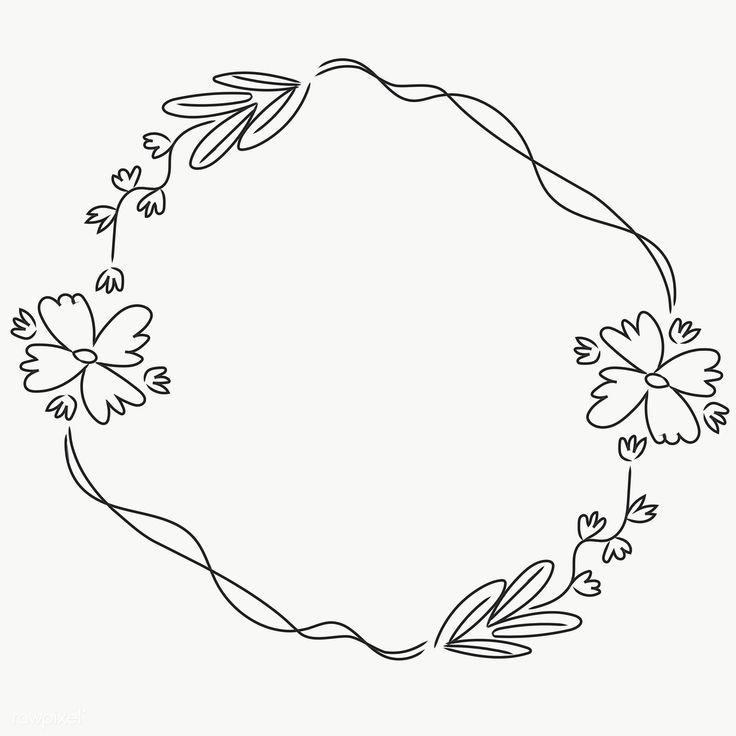 a circular frame with flowers drawn in black and white