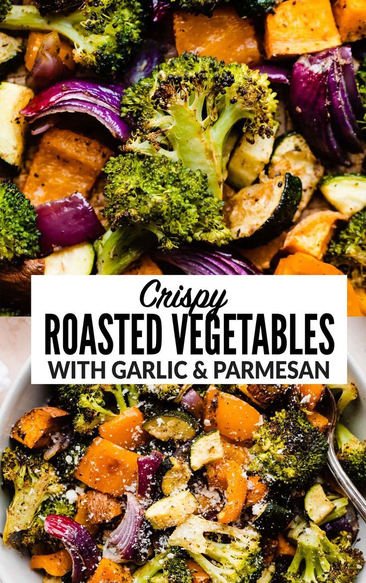 roasted vegetables with garlic and parmesan in a white bowl on top of a table