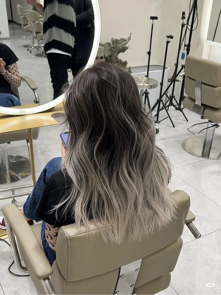 Silver Ends Hair, Brown To Silver Ombre, Hair Brunette To Blonde, Dip Dye Hair Brunette, Ash Brown Hair Balayage, Short Hair Highlights, Black Hair Balayage, Korean Hair Color, Dip Dye Hair