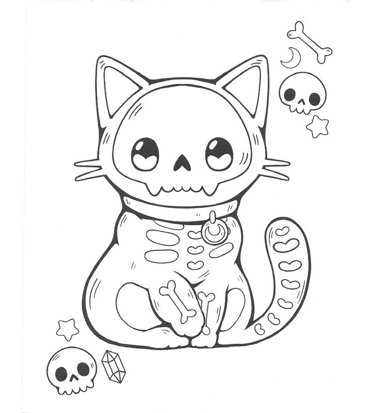 a drawing of a cat with skulls and bones