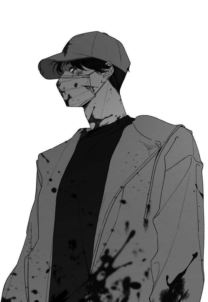 a drawing of a man wearing a baseball cap and black shirt with splatters on it