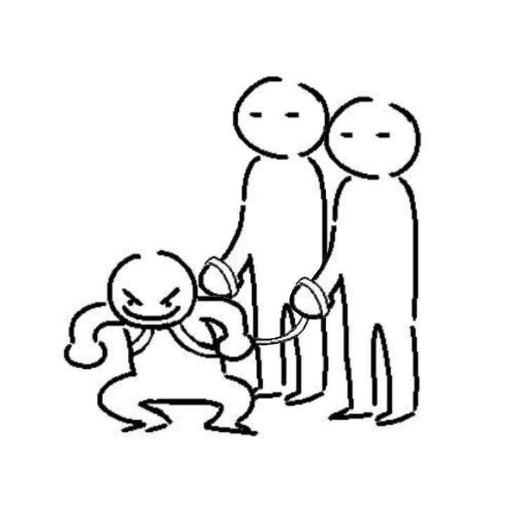 a drawing of three people standing next to each other, one holding the hand of another person