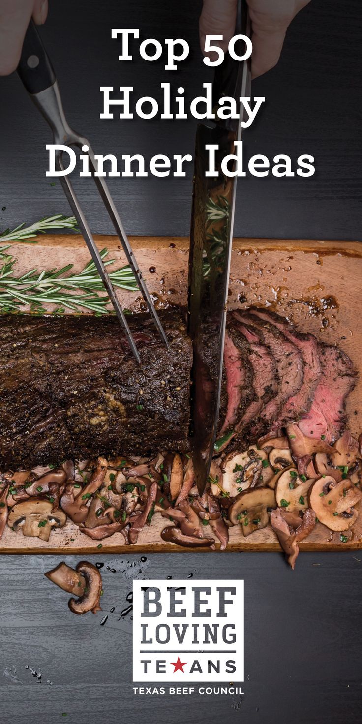 the top 50 holiday dinner ideas cover shows someone cutting up food on a wooden board