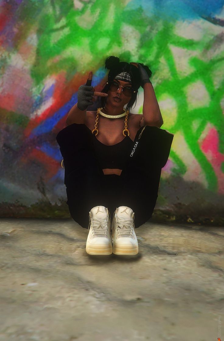 a woman sitting on the ground with her hand up to her head and wearing white sneakers