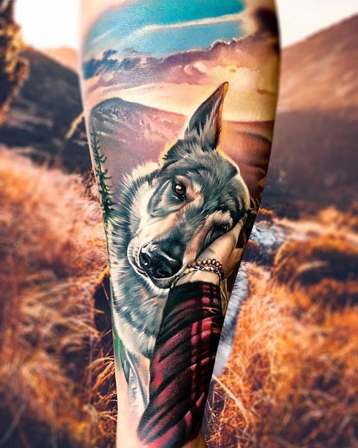 a man's arm with a wolf tattoo on it, and an image of mountains in the background