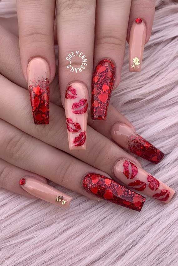 Vday Nails, Valentine Nail Art, Red Acrylic Nails, Nail Designs Valentines, Long Acrylic Nails Coffin, Nagel Inspo, Nailed It, Heart Nails, Coffin Nails Designs