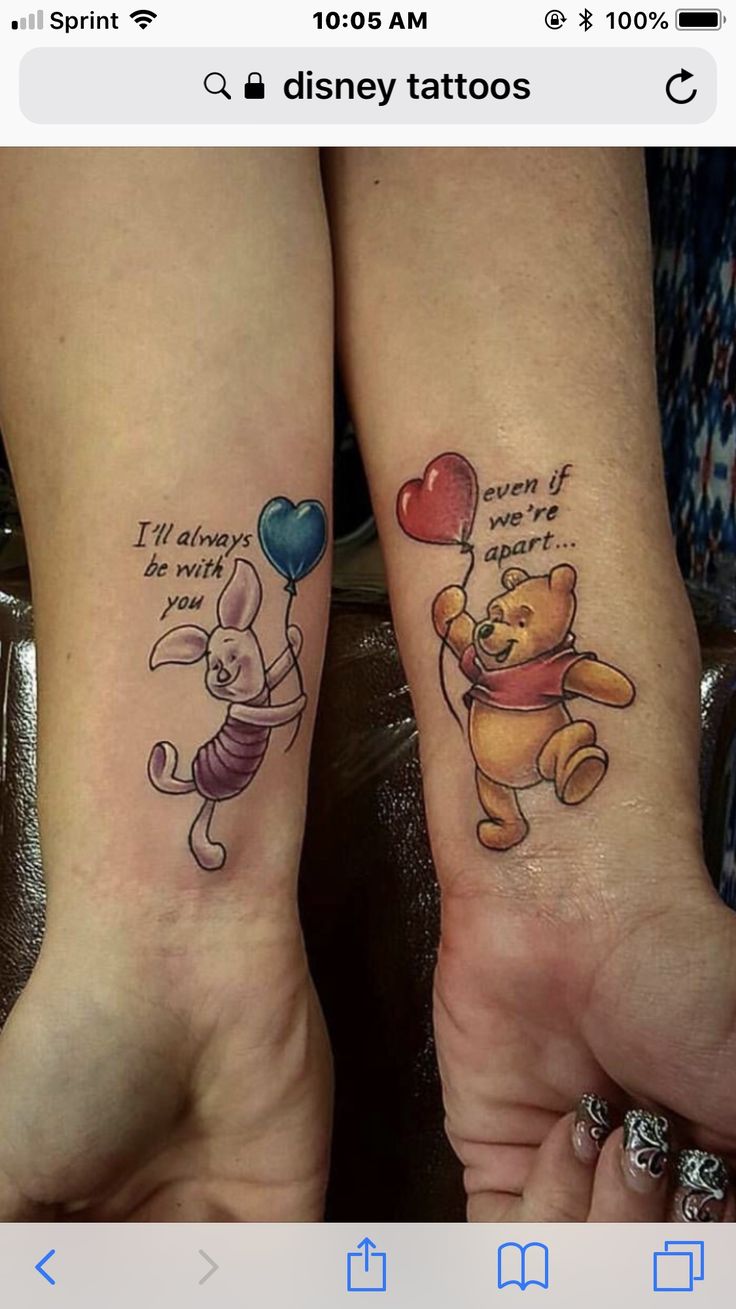 two people with tattoos on their feet holding balloons and winnie the pooh tattoo designs