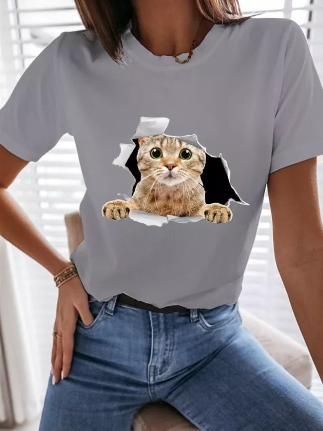 US$ 15.99 - 3D Cat Graphic Tee - www.zicopop.com Casual Crew Neck Top With Cat Print, Casual Short Sleeve T-shirt With Cat Print, Casual Cat Design Short Sleeve Shirt, Casual Crew Neck T-shirt With Cat Design, Casual Short Sleeve Shirt With Cat Design, Funny White Top With Cat Design, Funny White Top With Cat Print, Funny Short Sleeve T-shirt With Cat Design, Casual Gray Tops With Cartoon Print