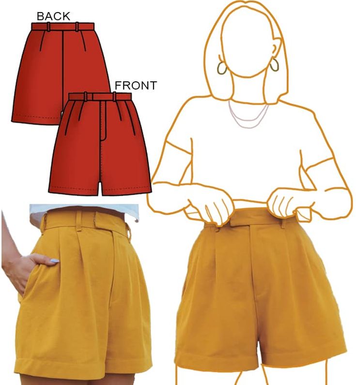 the front and back view of a woman's shorts with pleaed pockets, showing how