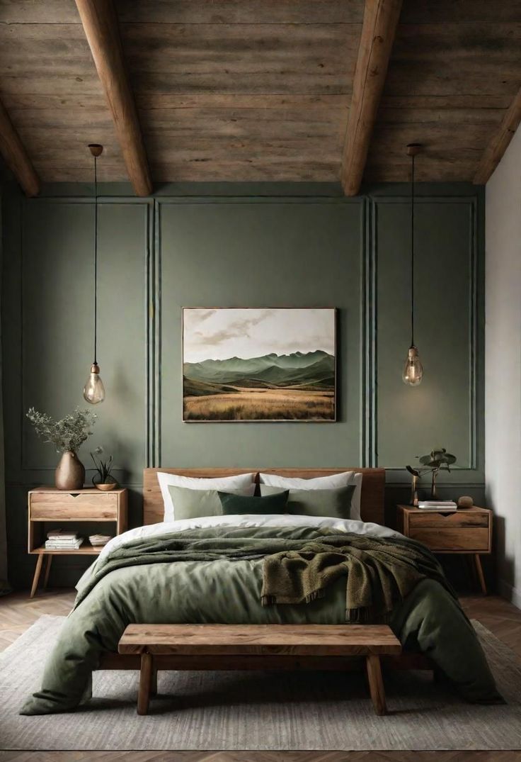 King Bedroom Ideas Small Spaces, Couple Bedroom Ideas Married Modern, Earthy Bedroom, Sage Green Bedroom, Moody Bedroom, Bedroom Interiors, Comfy Bedroom, Brown Bedroom, Green Walls