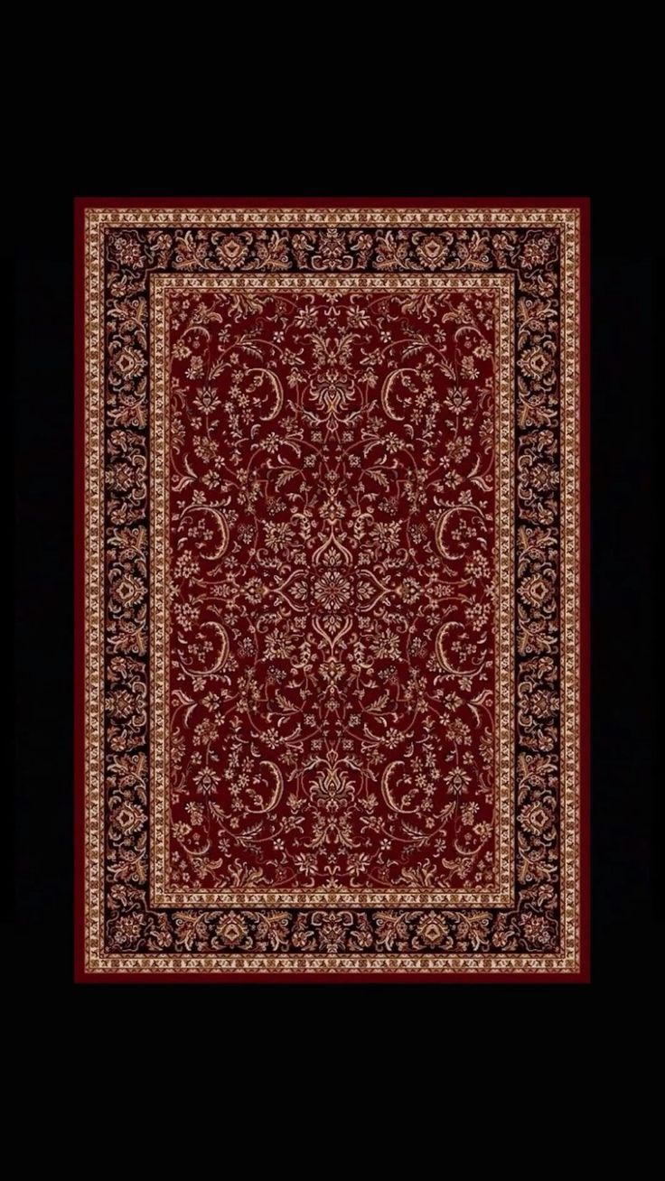 a red and black area rug with an ornate design