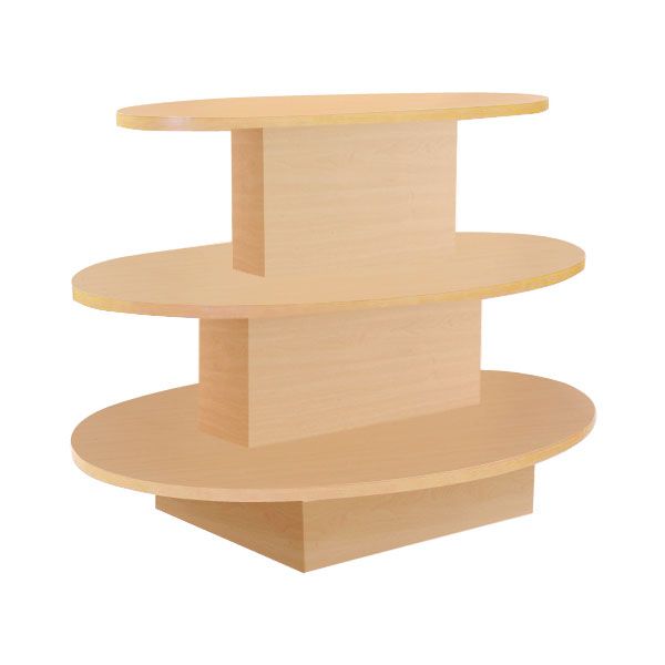 three tiered wooden display shelf with circular shelves on each side, isolated against a white background