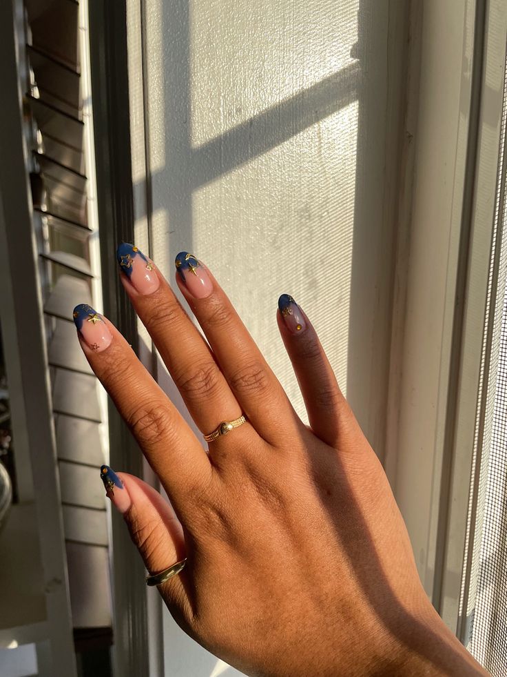 Navy Nails With Gold Stars, Navy Dress Nails, Navy Blue Gold Nails, Navy Star Nails, Gold And Navy Nails, Navy Blue Nails With Gold, Navy Blue And Gold Nails, Navy And Gold Nails, Gold Star Nails