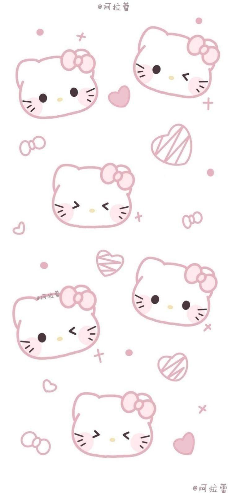 some hello kitty stickers are on the wall in front of a white background with pink hearts