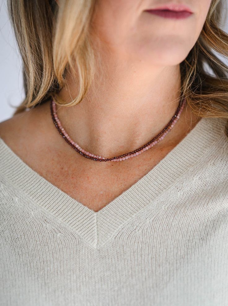 The rich color of this Garnet gemstone is powerfully energizing and inspires love and devotion. It cleanses and re-energizes the chakras, bringing serenity or passion - whichever is needed. If you’re feeling a lack of self-confidence, wear Garnet to remind yourself to think positive thoughts and create positive energy within. This Tiny Intention gemstone necklace will create courageous and hopeful feelings within. ~ 2mm microfaceted Garnet beads~ 14k gold-filled lobster clasp~ 16” length~ Includ Spiritual Everyday Necklace With Faceted Beads, Everyday Spiritual Necklace With Faceted Beads, Healing Gemstone Beaded Necklaces, Healing Gemstone Beads Crystal Necklace, Holistic Necklace For Meditation, Pink Spiritual Crystal Gemstone Necklace, Rhodochrosite Meaning, Lack Of Self Confidence, Rhodonite Necklace