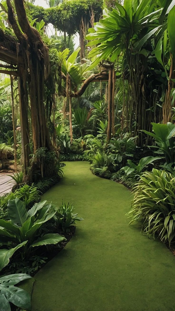 a lush green garden with lots of trees and plants on the sides, along with a walkway