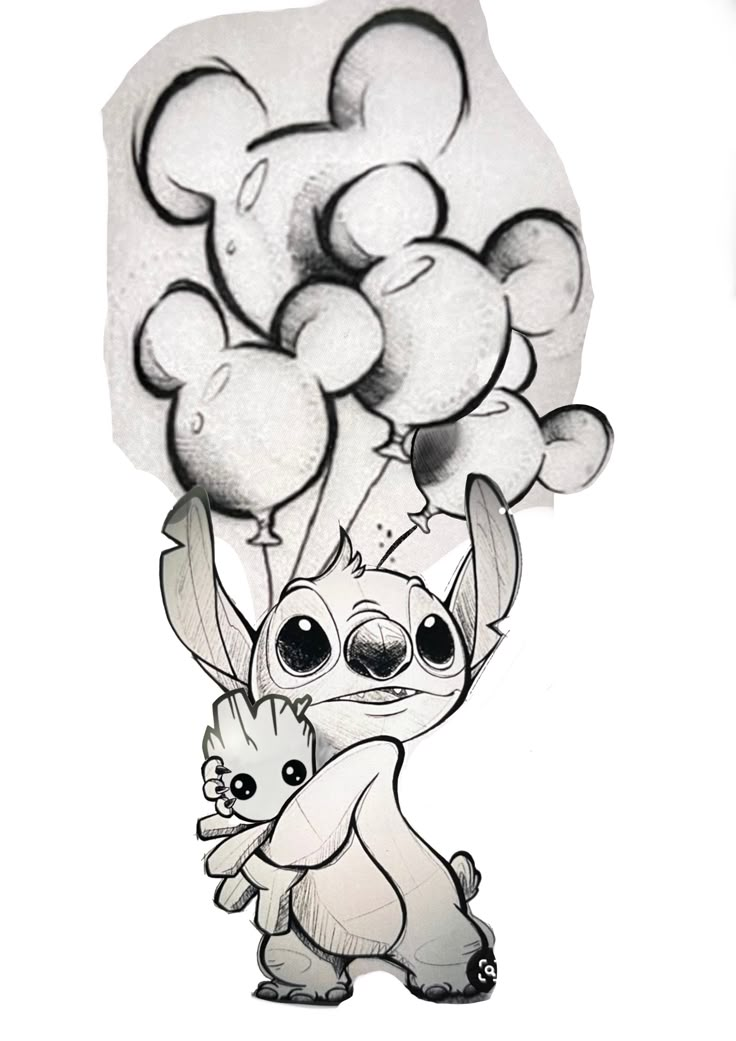 a drawing of a little bunny holding balloons in the shape of an animal's head