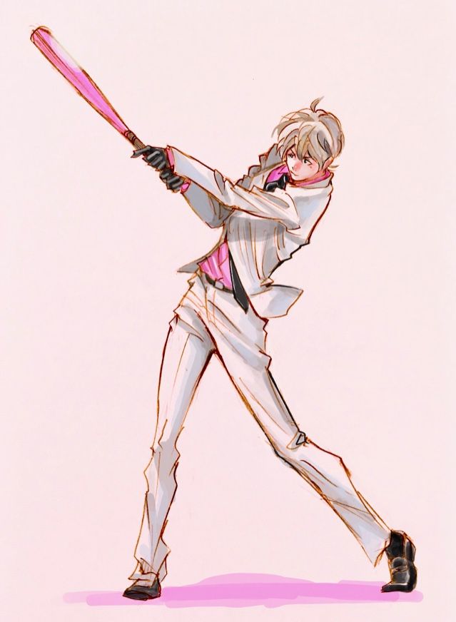 a drawing of a person in a suit holding a baseball bat and wearing a pink tie