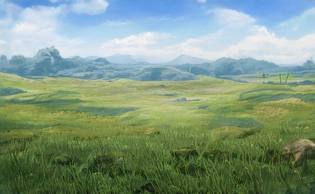 an artist's rendering of a grassy field with mountains in the distance and blue sky above