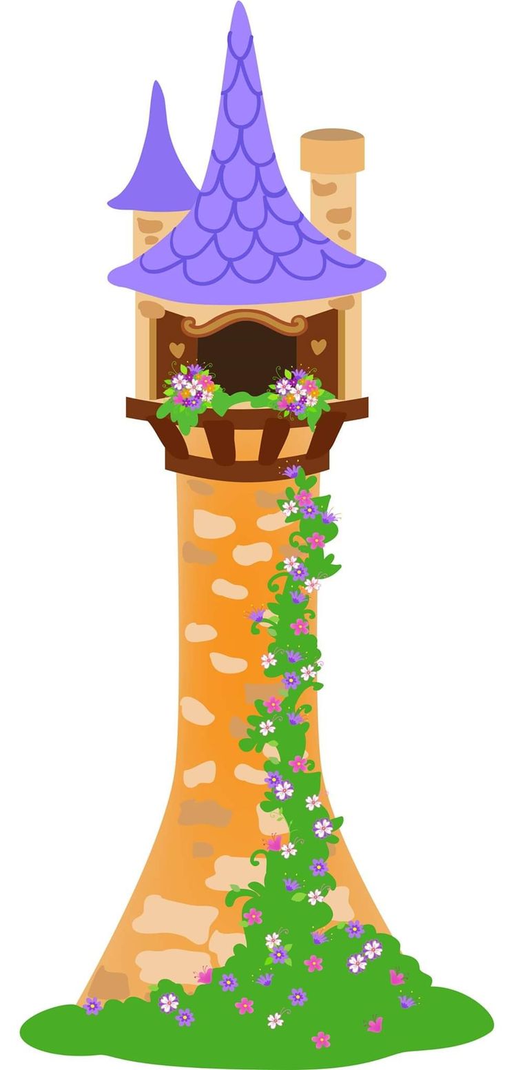 a tower with a purple roof and flowers on it