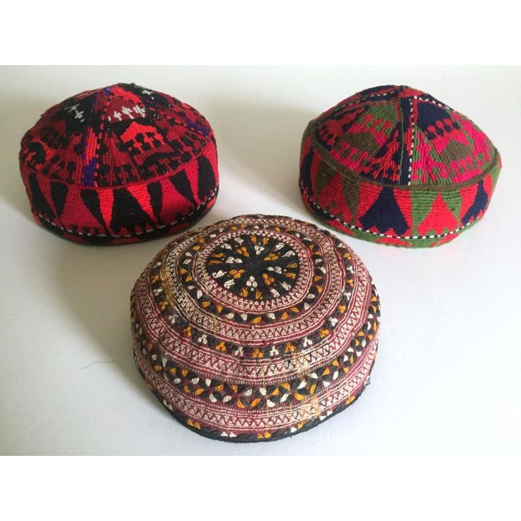 This collection of 3 rare vintage Uzbek Afghani Turkmen hand embroidered tribal one of a kind hats are an incredibly special and unique set to add to your collection. Handmade of beautiful multicolor hand embroidery. The 3 vintage Turkmen tribal style hats are made in the Uzbekistan northern Afghanistan regions. The gorgeous multicolor pattern designs are outstanding examples of exquisite traditional fine folk art ethnic handwork.  This collection of 3 rare vintage one of a kind hats are beautif Traditional Red Hat, Traditional Festival Hats, Traditional Multicolor Hats, Traditional Cap With Multicolor Embroidery, Traditional Hat With Round Crown For Festivals, Traditional Round Crown Hat For Festivals, Red Bohemian Embroidered Hat, Bohemian Embroidered Hats For Festivals, Handmade Festival Cap