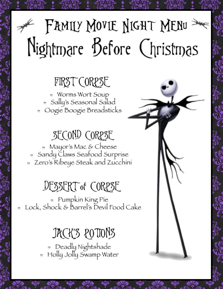 a menu for a family movie night with the characters from the animated film, the nightmare before christmas