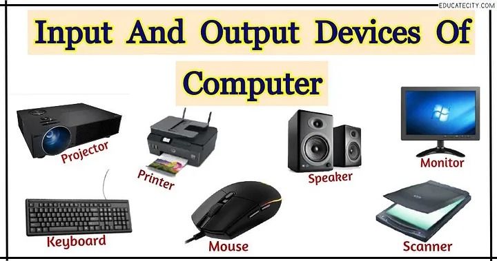 there are many different types of computers and their names in this picture, including mouse, keyboard, monitor, scanner, printer, sound board