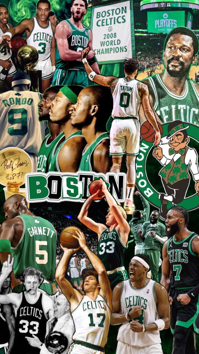 boston basketball players collaged together in green and white uniforms with their names on them