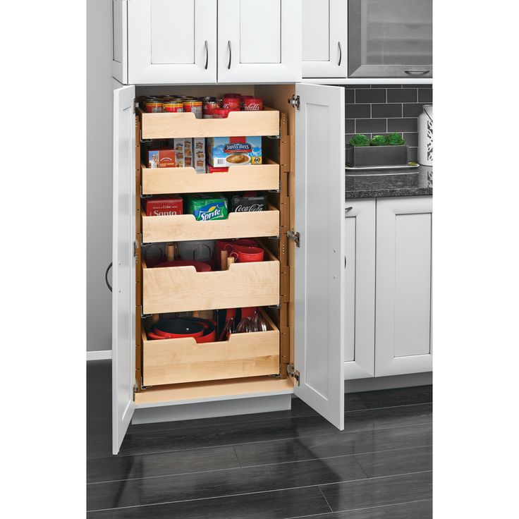 an open pantry door in a kitchen with white cupboards and drawers on the side