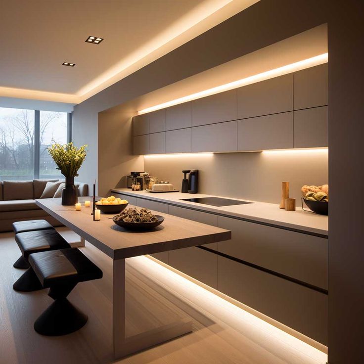 a modern kitchen is lit up by recessed lighting, along with an island bench