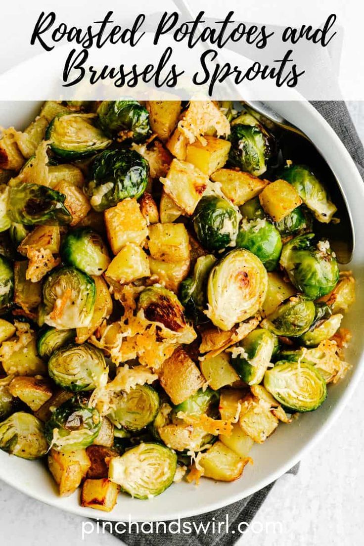 roasted potatoes and brussel sprouts in a white bowl with text overlay