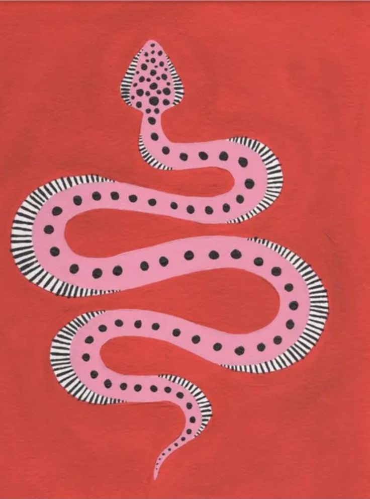 a painting of a pink snake with black dots on it's head and tail