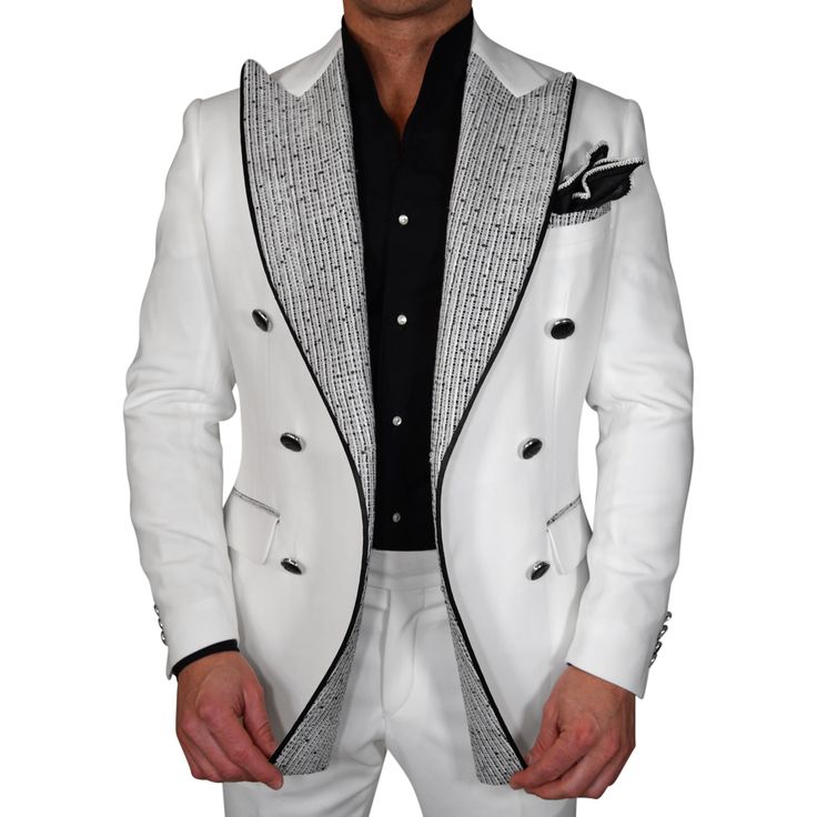 Sebastian Cruz Couture Exclusive Fabric Woven In Italy White with contrasting tweed accents SCC Signature Double Breasted Peak Lapel Fully Lined with exclusive lining for light weight feel Soft, natural shoulder construction Chest Barchetta Pocket Dual Vents Flap Pockets Nero Horn With Silver Rim Buttons Make sure to select your FREE Sebastian Cruz Couture Pocket Square at checkout! All of our jackets are made with 4" extra of fabric to ensure you don't have to send it back to us if its too small or too big. You can tailor your jacket 2 sizes bigger and/or smaller if needed. We guarantee your satisfaction! Fabric Details: WO 100% White Double-breasted Tuxedo Outerwear, Designer White Blazer With Suit Collar, Tailored White Tweed Winter Jacket, White Tailored Tweed Jacket For Winter, Tailored White Tweed Jacket For Winter, Luxury White Tweed Jacket, White Fitted Long Sleeve Tweed Jacket, Formal White Tweed Jacket For Winter, White Tweed Jacket For Formal Winter Occasions