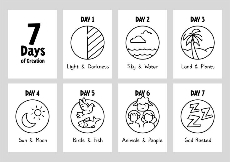 the seven days of creation coloring pages are shown in black and white, with different symbols