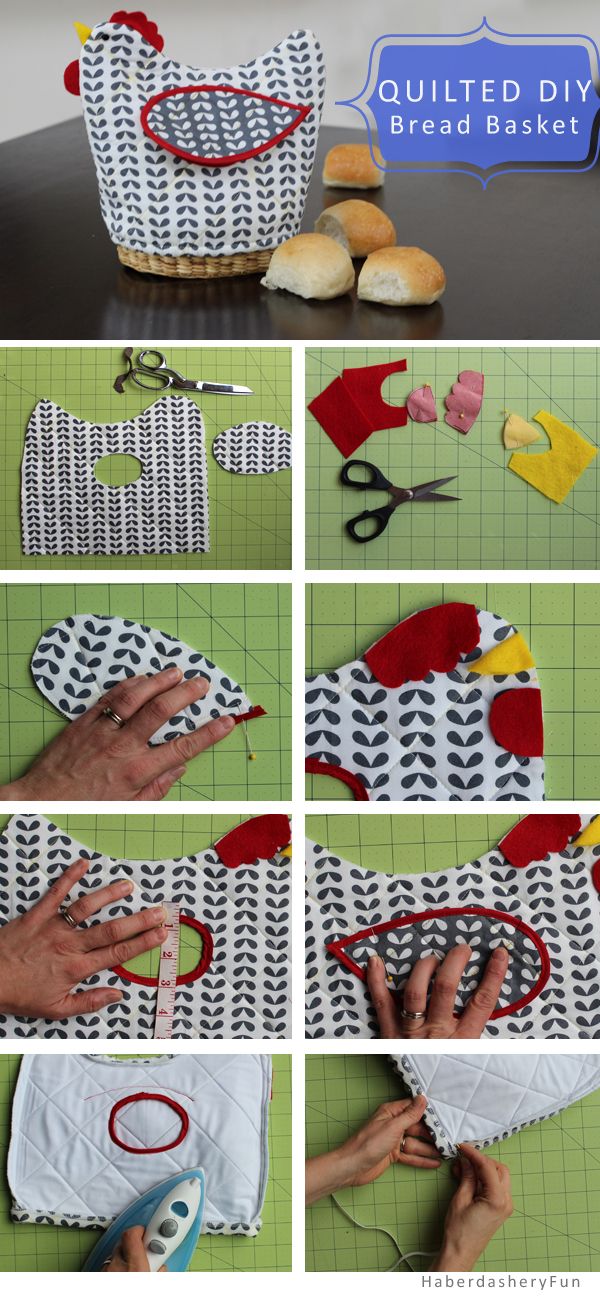 the instructions to make an adorable chicken basket with fabric, scissors and other sewing supplies