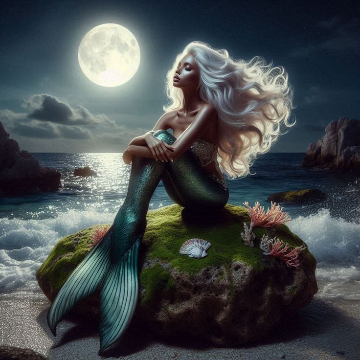 a mermaid sitting on top of a rock next to the ocean