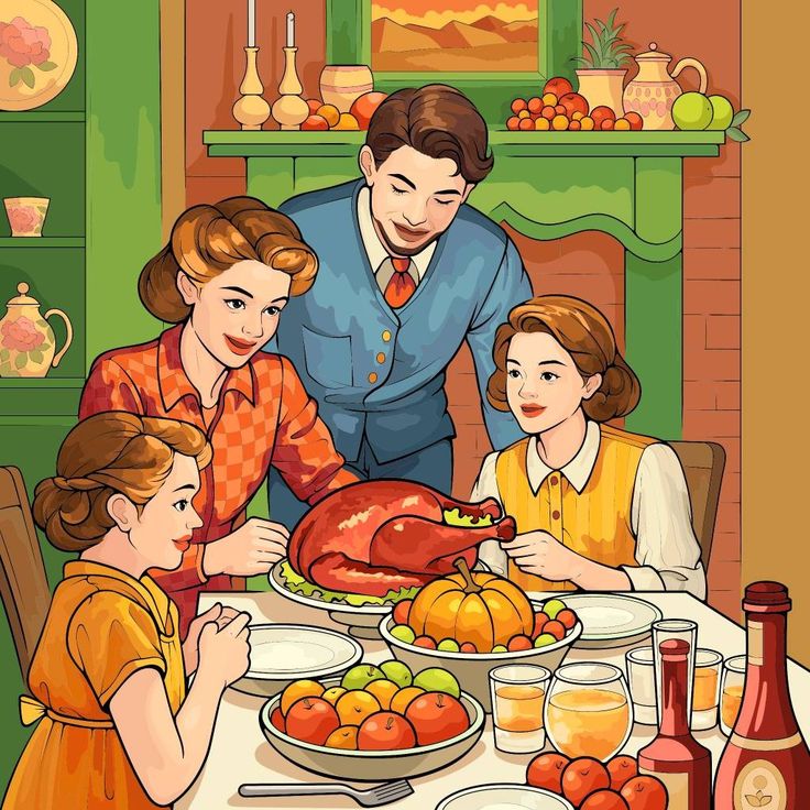 a family is gathered around the table for a thanksgiving turkey dinner, and it's ready to be served