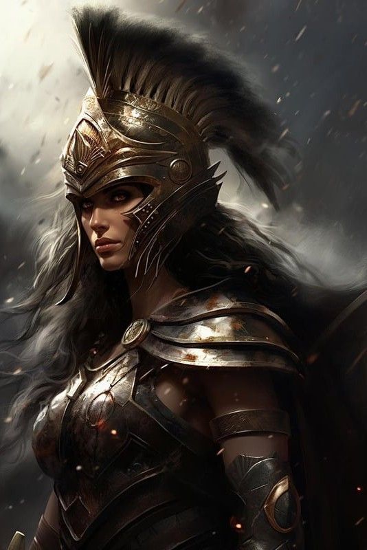 a woman dressed in armor and helmet with feathers on her head, standing in the rain