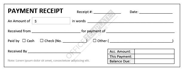 a receipt form for payment invoice with the words payment receipt written on it