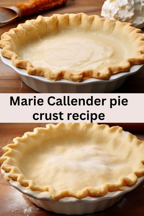 two pie pans sitting on top of a wooden table with the words marie calender pie crust recipe