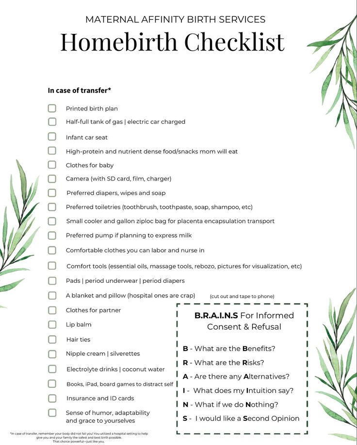 a printable checklist for home birth services