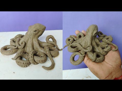 two pictures of an octopus being made out of clay