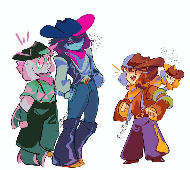 three cartoon characters standing next to each other with hats on and one wearing a cowboy hat