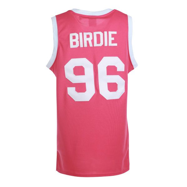 a pink basketball jersey with white numbers on the front and back, that says birdie 99