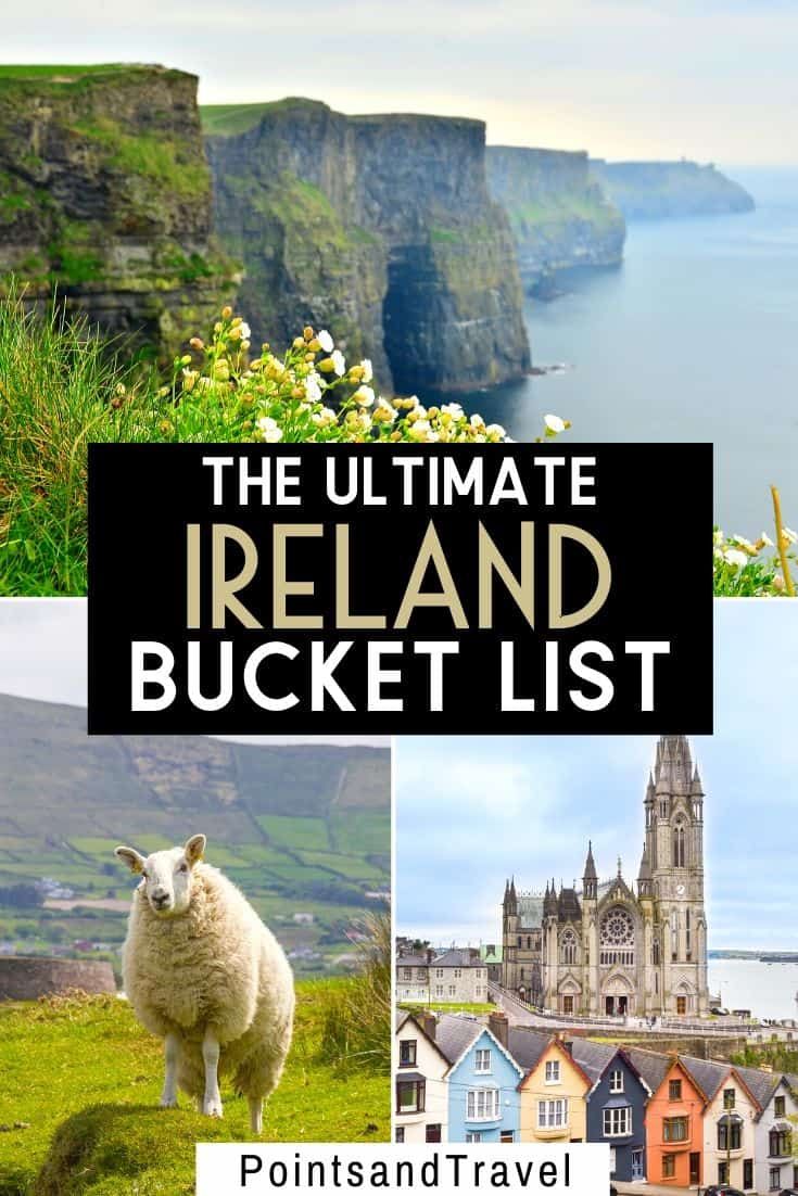 the ultimate ireland bucket list with pictures of cliffs, houses and sheep in front of them